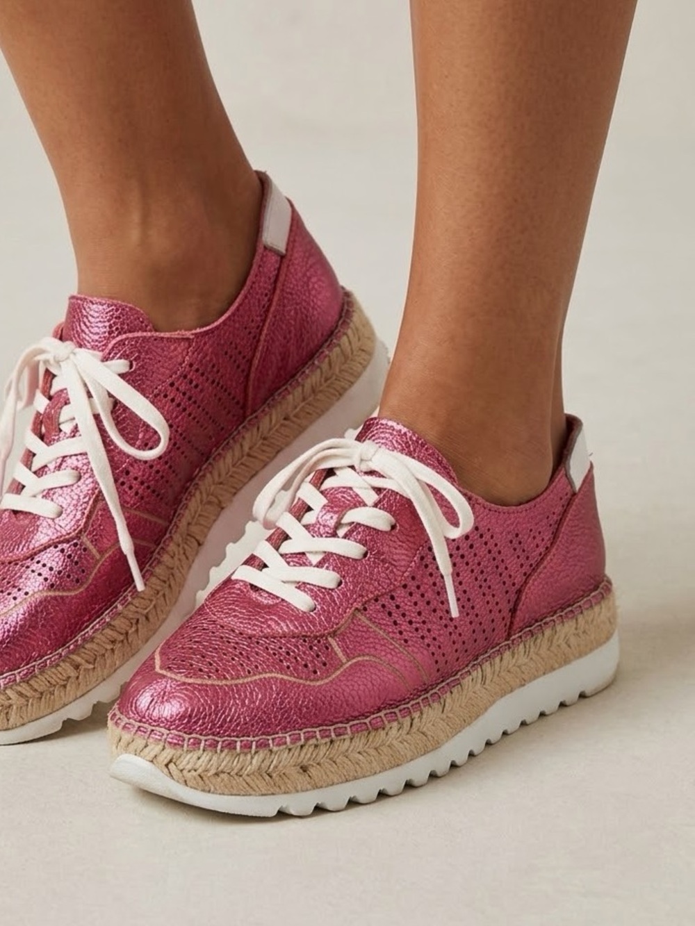 BY ANTHROPOLOGIE Metallic Pink Leather Espadrille Platform Sneakers Size 8